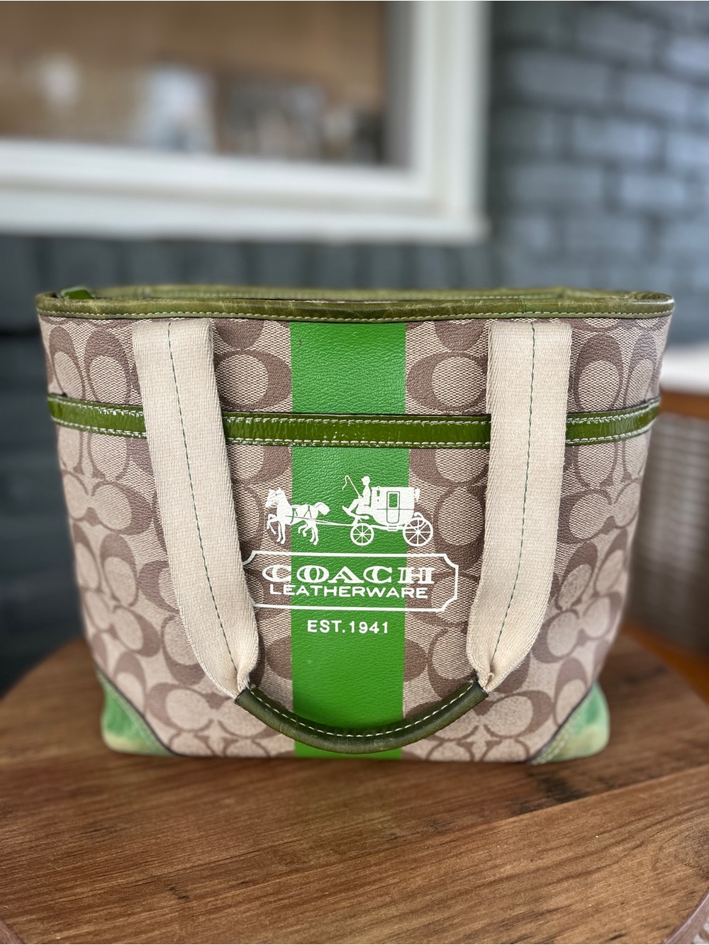 Coach Beige Signature Tote with Green Center Stripe
